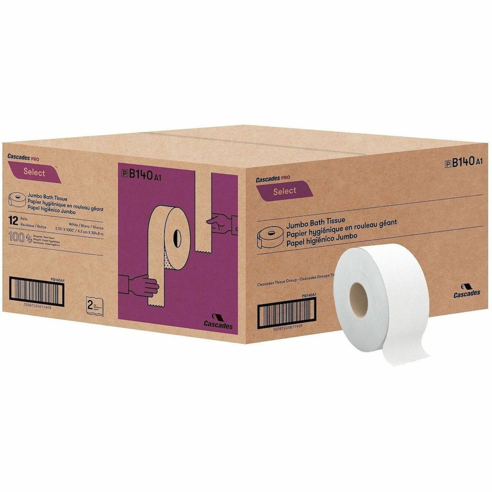 Cascades PRO Select Jumbo Toilet Paper - 2 Ply - 3.30" Width x 1000 ft Length - White - Fiber - 12 / Carton. Picture 1