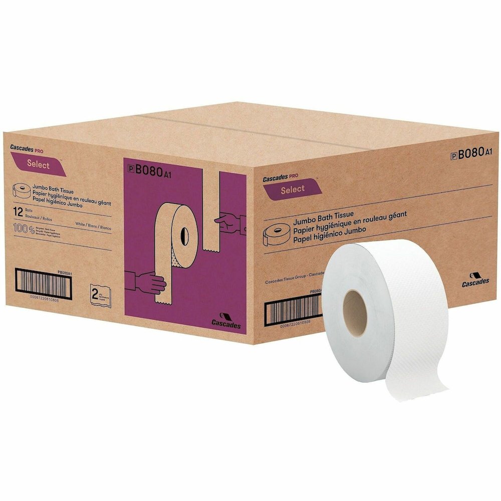 Cascades PRO Select Jumbo Toilet Paper - 2 Ply - 3.30" x 500 ft - White - Fiber - 12 / Carton. Picture 1