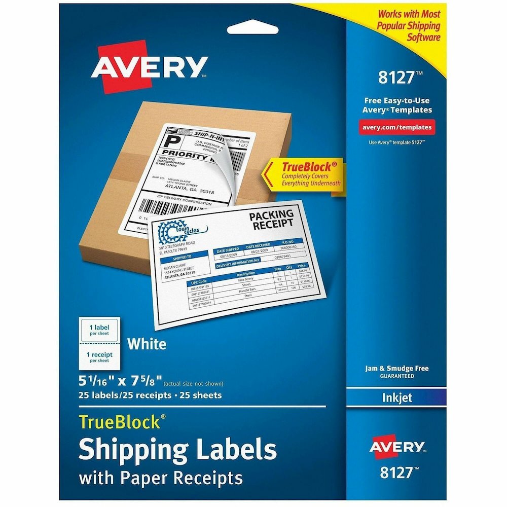 Avery&reg; TrueBlock Paper Receipt Shipping Labels - 5 1/16" Width x 7 5/8" Length - Permanent Adhesive - Rectangle - Inkjet - Matte - White - Paper - 1 / Sheet - 125 Total Sheets - 125 Total Label(s). Picture 1