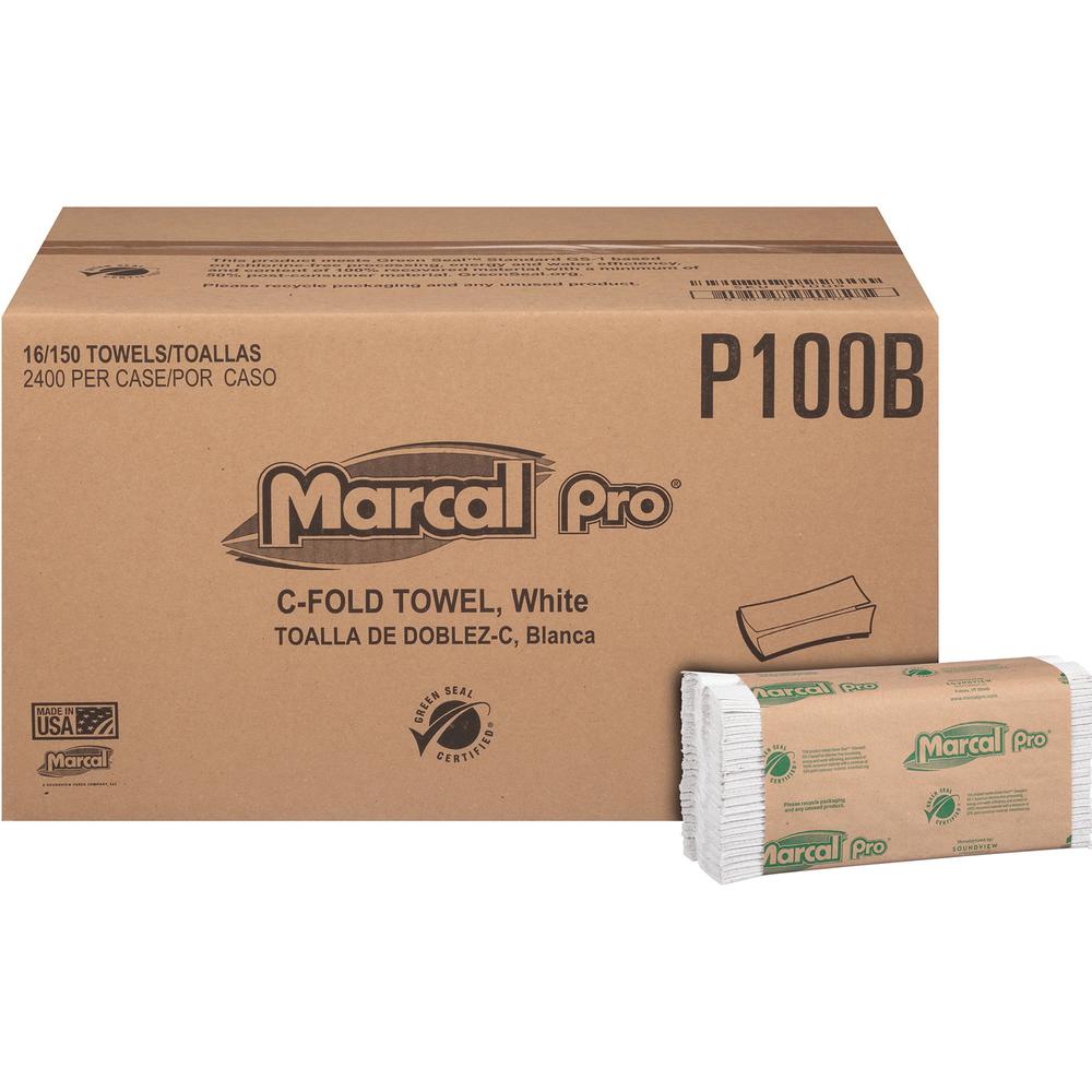 Marcal Recycled C-Fold Paper Towels - 1 Ply - C-fold - 12.87" Width x 10.12" Length - 150 Sheets/Roll - White - Paper - 150 Sleeve - 1 Carton. Picture 1