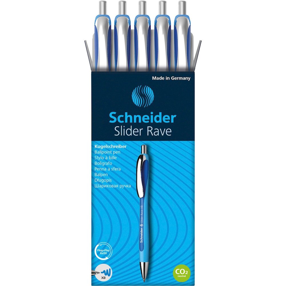 Schneider Slider Rave XB Ballpoint Pen - Retractable - Blue Ink - Blue Rubberized, Light Blue Barrel - Stainless Steel Tip - 5 / Pack. Picture 1