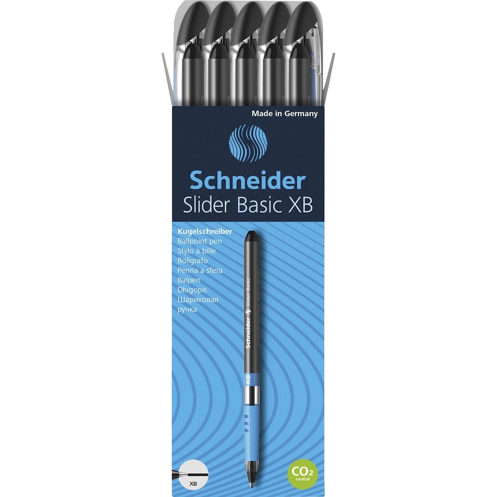 Schneider Slider Basic XB Ballpoint Pen - Black Ink - Transparent Rubberized, Black, Silver Barrel - Stainless Steel Tip - 10 / Pack. Picture 1