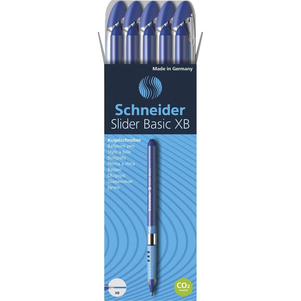 Schneider Slider Basic XB Ballpoint Pen - Blue Ink - Blue Rubberized, Transparent, Silver Barrel - Stainless Steel Tip - 10 / Pack. Picture 1
