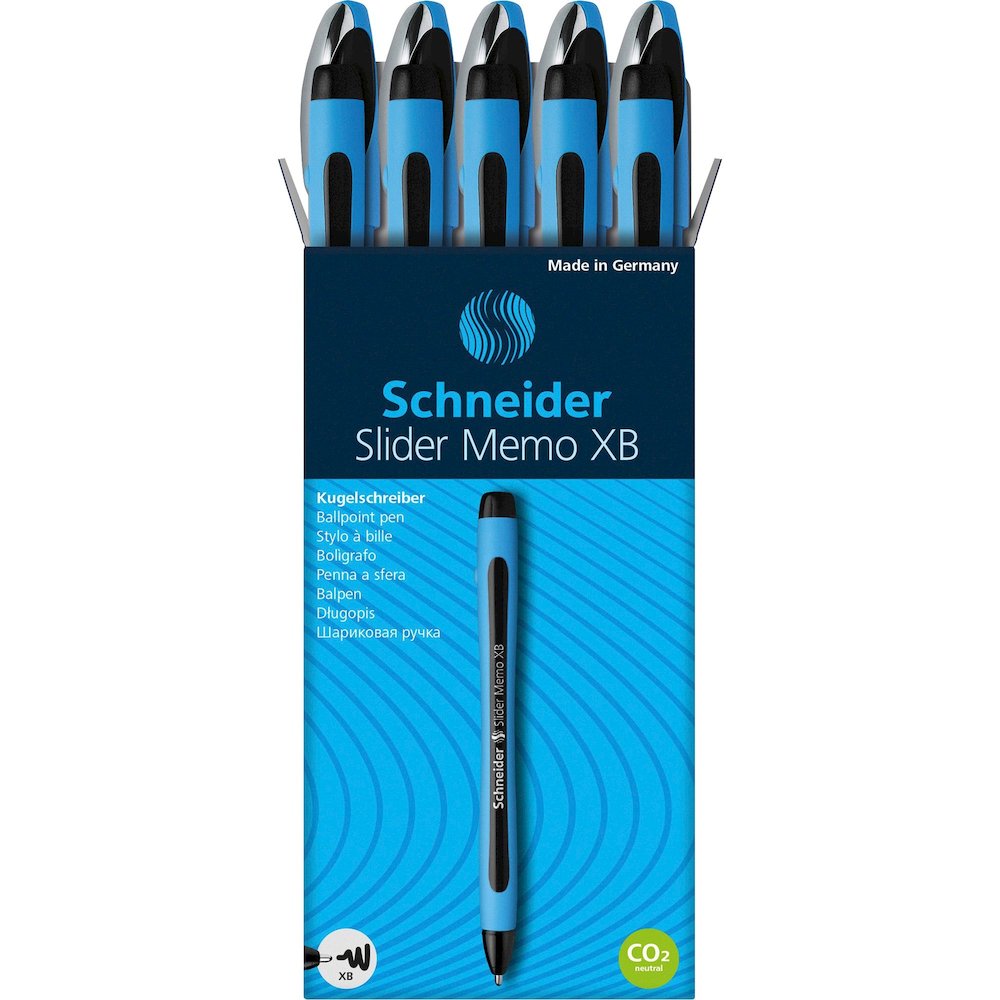 Schneider Slider Memo XB Ballpoint Pen - Black Ink - Black Rubberized, Light Blue Barrel - Stainless Steel Tip - 10 / Pack. Picture 1