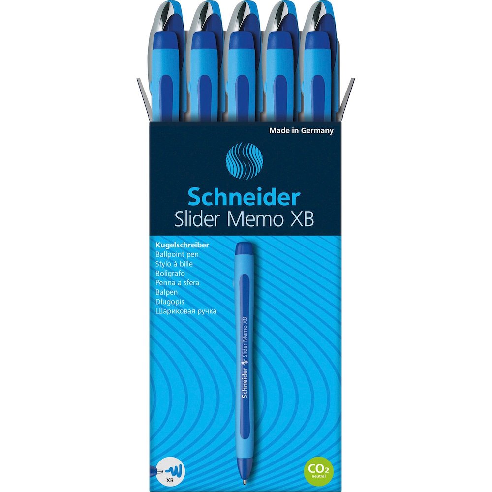 Schneider Slider Memo XB Ballpoint Pen - Blue Ink - Blue Rubberized, Light Blue Barrel - Stainless Steel Tip - 10 / Pack. Picture 1