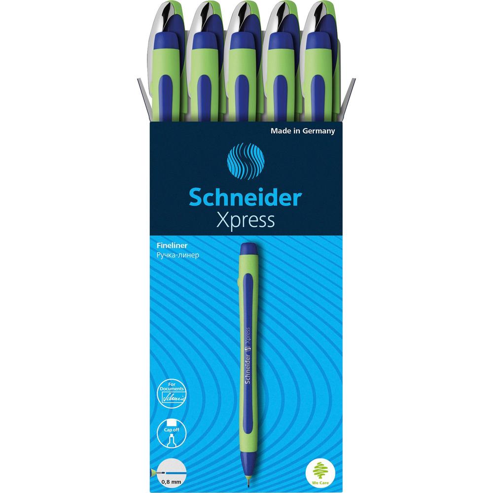 Schneider Xpress Fineliner Pen - Blue Ink - Blue Rubberized, Green Barrel - Stainless Steel Tip - 10 / Pack. Picture 1
