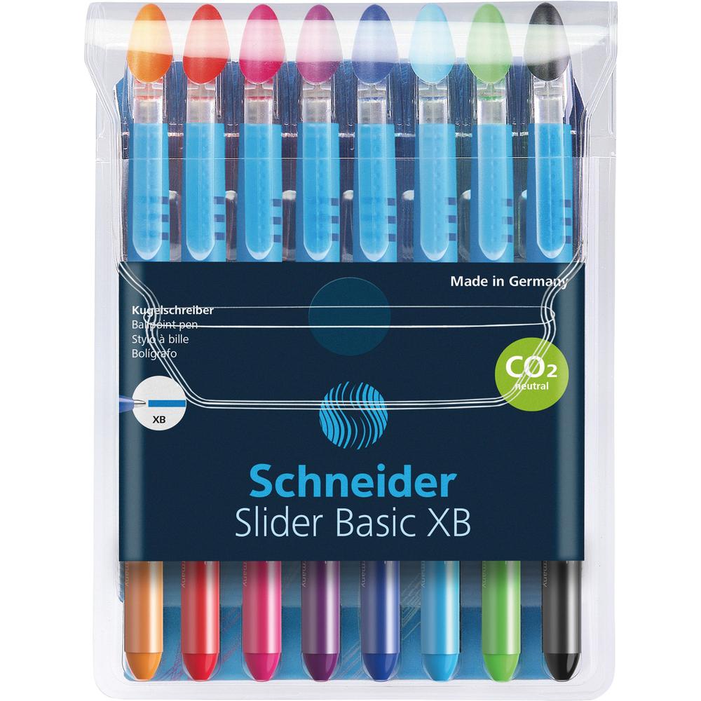 Schneider Slider Basic XB Ballpoint Pen Wallet - Black, Red, Blue, Light Green, Orange, Violet, Pink, Light Blue Ink - Transparent Rubberized, Black, Red, Blue, Light Green, Orange, Violet, Pink, Ligh. Picture 1