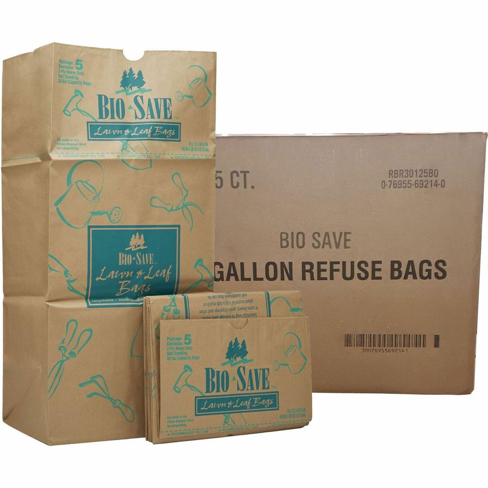 Bio Save Bio-Save 30-gallon Lawn & Leaf Bags - 30 gal Capacity - 12" Length x 16" Width - Brown - Kraft - Waste Disposal - Recycled - 50 / Carton. Picture 1