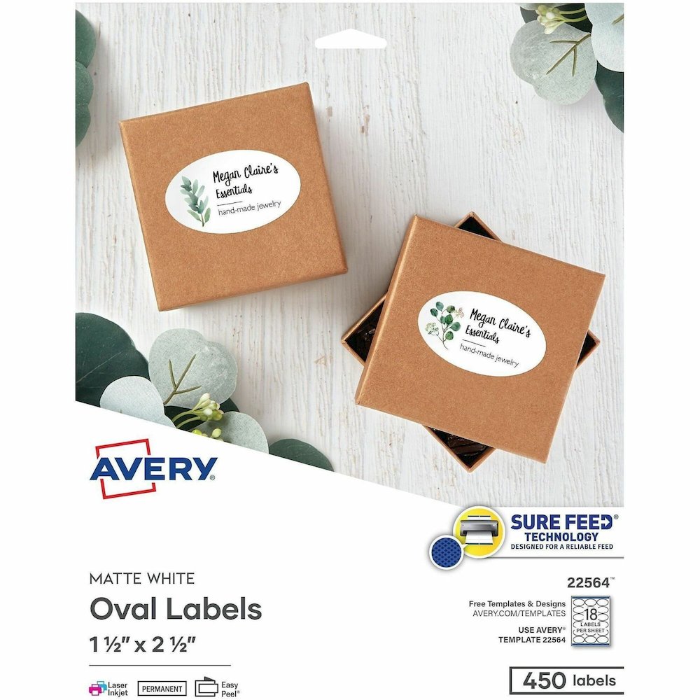 Avery&reg; Printable Oval Labels, 1.5" x 2.5" , White, 450 Labels (22564) - x 1 1/2" Width x 2 1/2" Length - Permanent Adhesive - Oval - Laser, Inkjet - Matte - White - Paper - 18 / Sheet - 25 Total S. Picture 1