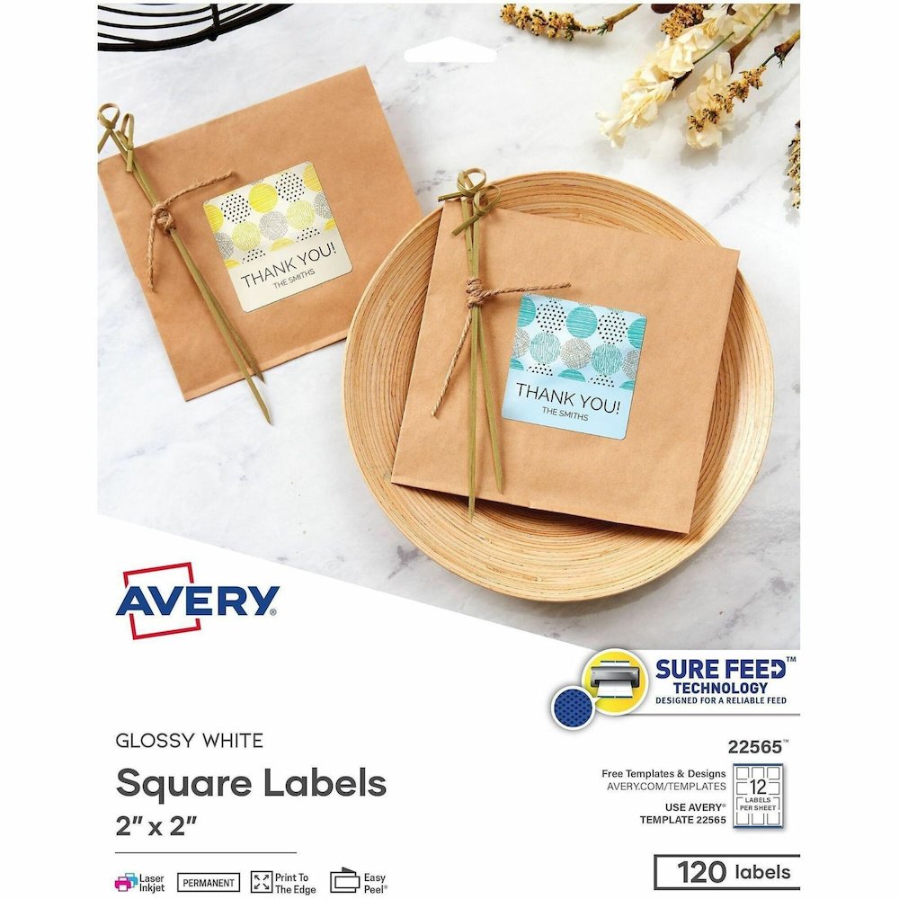 Avery&reg; Printable Square Labels, 2" x 2" , White, 120 Labels (22565) - Waterproof - x 2" Width x 2" Length - Permanent Adhesive - Square - Inkjet, Laser - Glossy - White - Paper - 12 / Sheet - 10 T. Picture 1