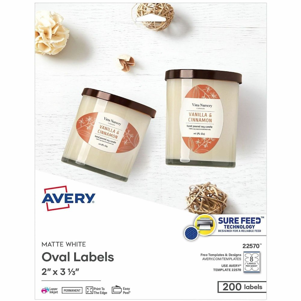 Avery Printable Oval Labels, 2" x 3-1/3" , White, 200 Labels (22570) - x 2" Width x 3 21/64" Length - Permanent Adhesive - Oval - Laser, Inkjet - Matte - White - Paper - 8 / Sheet - 25 Total Sheets - . Picture 1