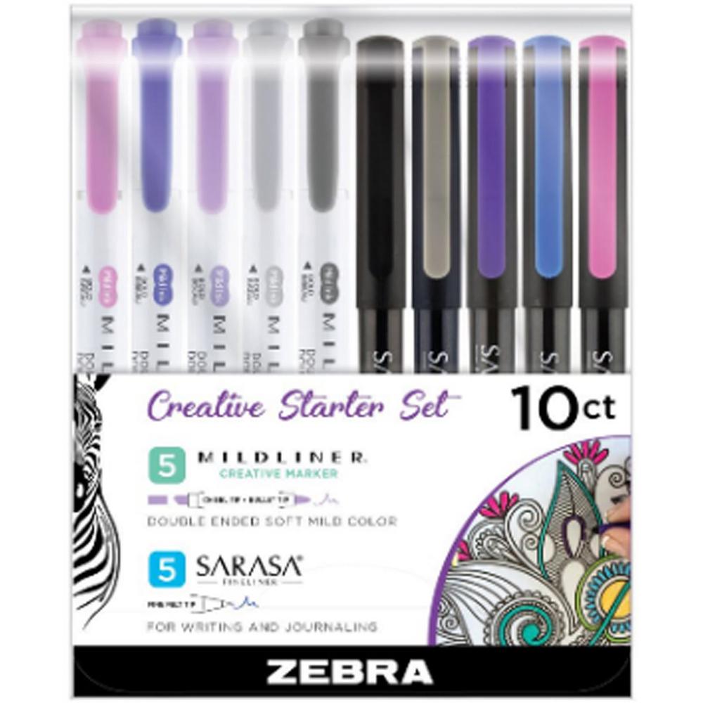 Zebra Pen MIDLINER Marker/SARASA Fineliner Creative Starter Set - 0.8 mm Pen Point Size - Needle Pen Point Style - Broad, Fine Marker Point - Chisel, Bullet Marker Point Style - Gold Water Based, Dark. Picture 1