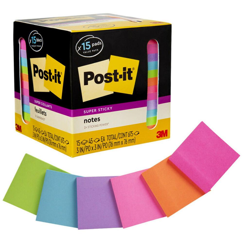 Post-it&reg; Super Sticky Notes - 15 - 3" Flag/Note Width x 3" Flag/Note Length - Square - 45 Sheets per Pad - Neon Orange, Tropical Pink, Power Pink, Iris, Blue Paradise, Neon Green Limeade - Adhesiv. Picture 1
