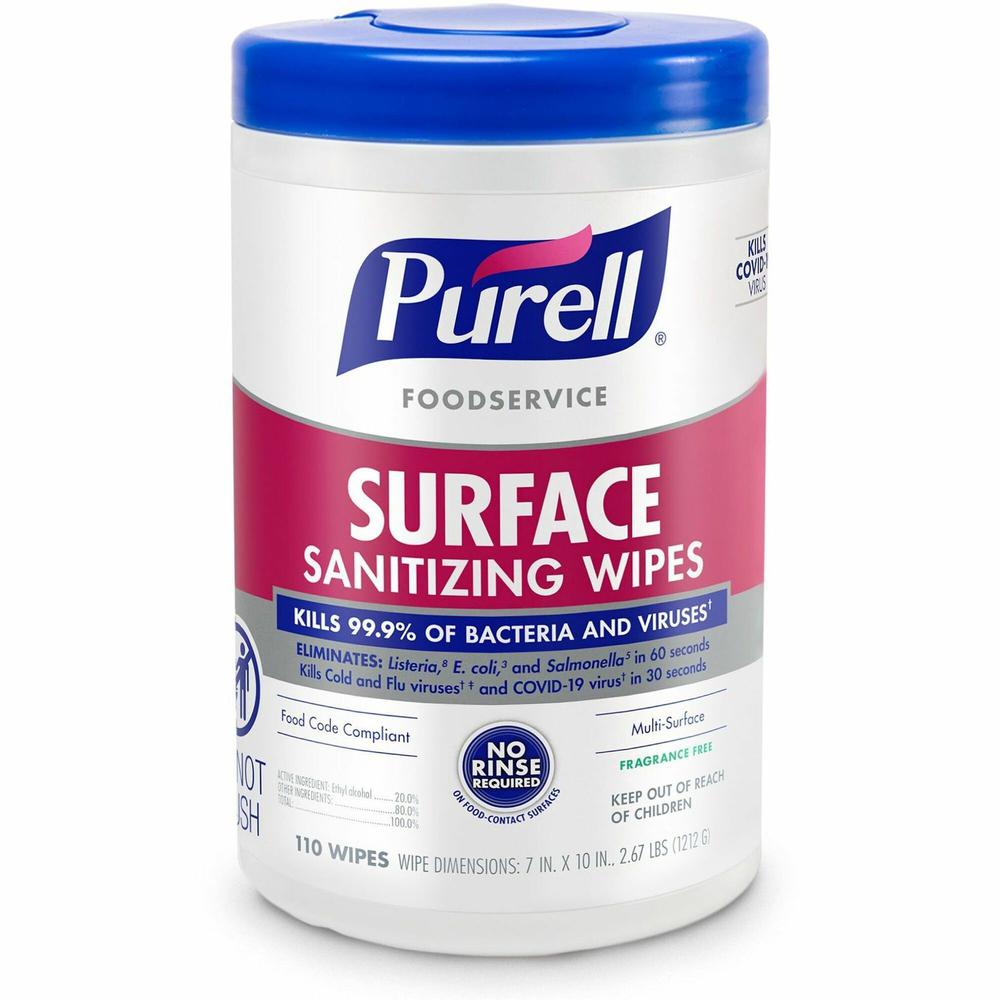PURELL&reg; Foodservice Surface Sanitizing Wipes - Ready-To-Use - 10" Length x 7" Width - Rinse-free, Fragrance-free, Durable - 110/Tub - 1 Each. Picture 1