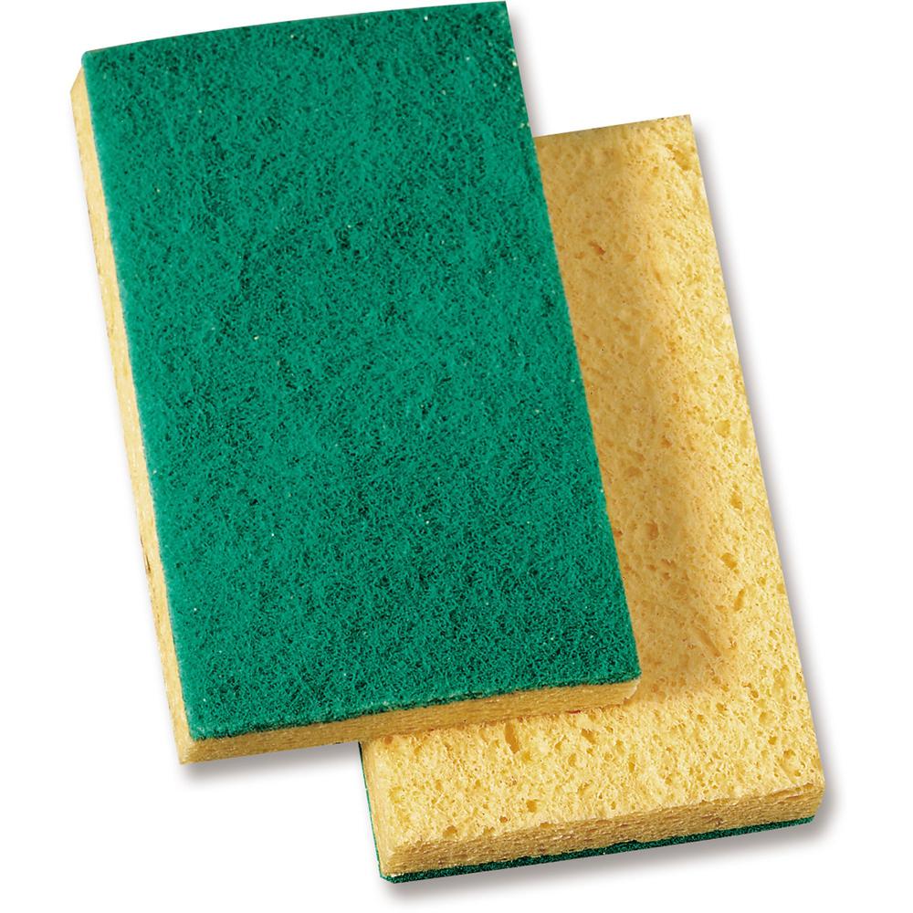 Genuine Joe Medium-Duty Sponge Scrubber - 3.6" Width x 3.5" Depth x 6.1" Length - 20 / Carton - Cellulose - Green, Yellow. Picture 1