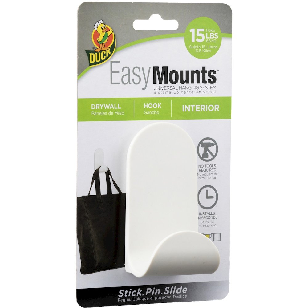 Duck Brand EasyMounts Interior Drywall J Hook - 15 lb (6.80 kg) Capacity - 1.8" Width x 3.5" Length - for Sports Equipment - White - Matte - 1 Each. Picture 1