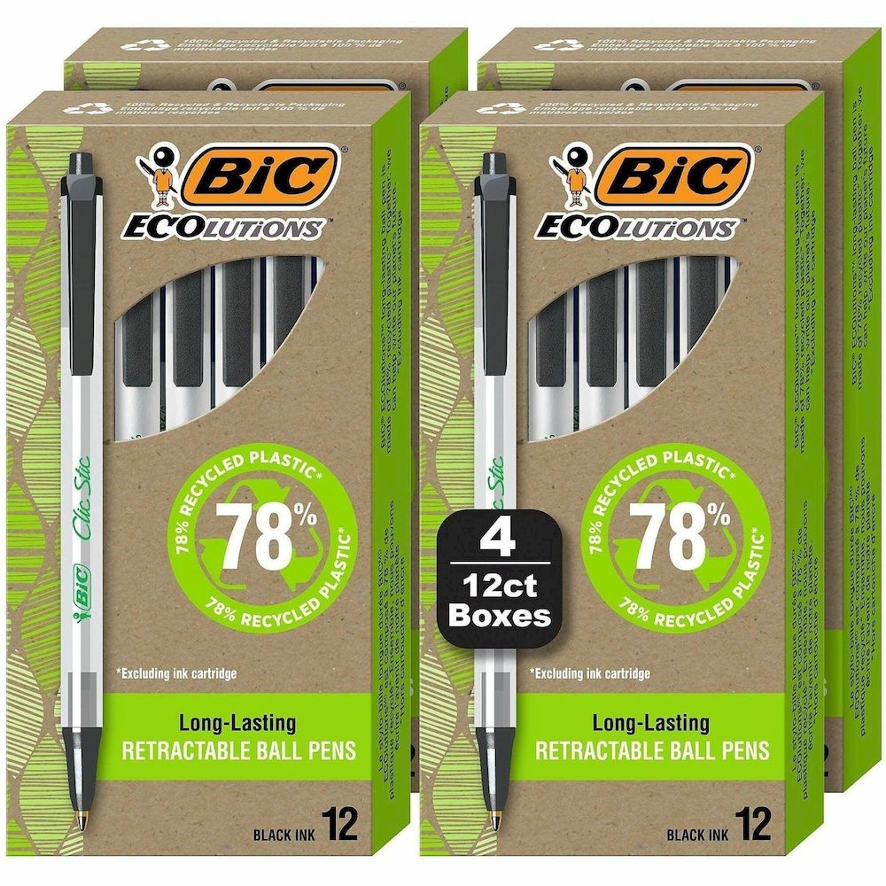 BIC Ecolutions Clic Stic Ballpoint Pen - Retractable - Black Ink - Semi Clear Barrel - 48 / Pack. Picture 1
