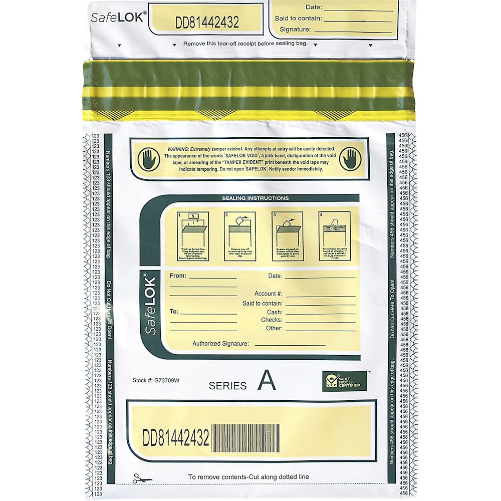 ControlTek SafeLOK Tamper-Evident Deposit Bags - 12" Length x 9" Width - Seal Closure - White - Deposit, Cash, Note, Bill - 100 / Pack. Picture 1