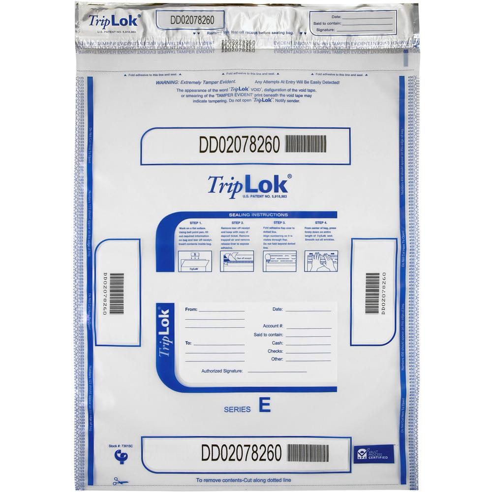 ControlTek TripLOK High-Performing Security Bags - 20" Length x 15" Width - Seal Closure - Clear - Polyethylene - Cash, Bill, Deposit - 50/Pack - 5 / Carton. Picture 1