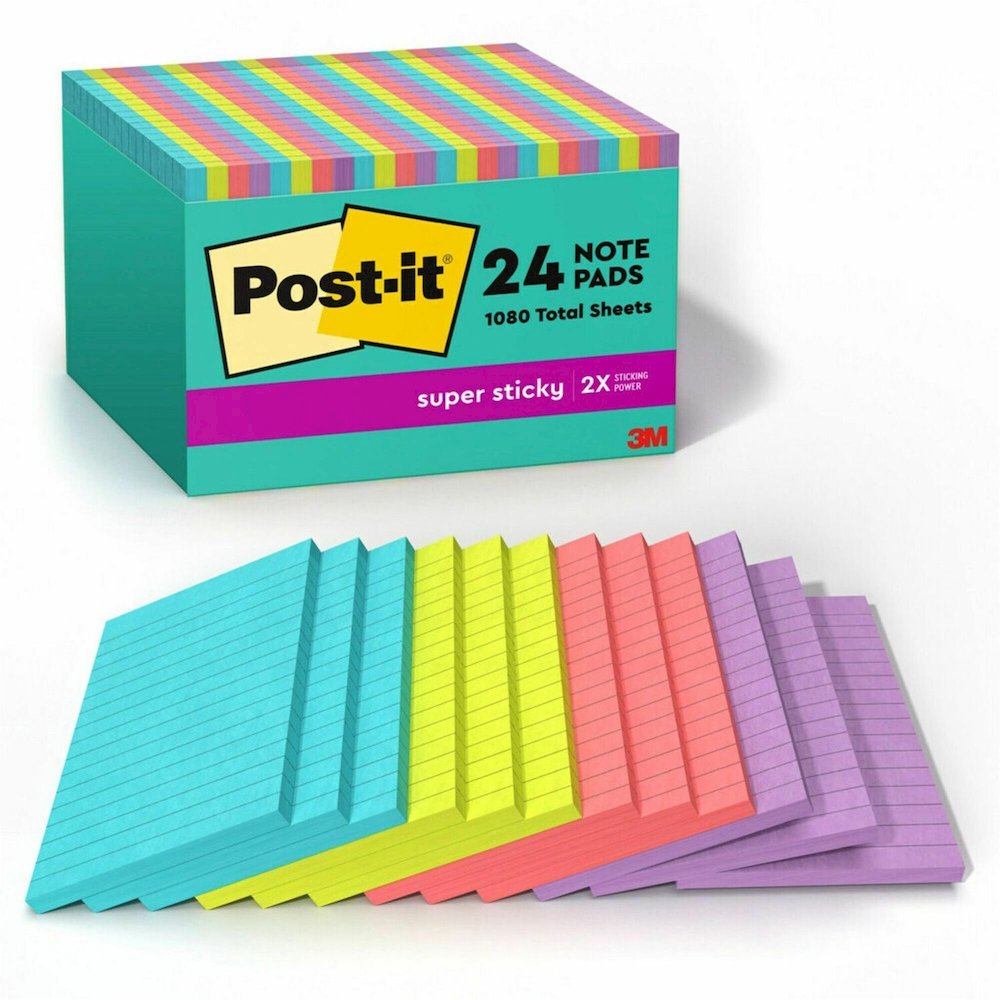 Post-it&reg; Super Sticky Notes - Supernova Neons Color Collection - 4" Flag/Note Width x 6" Flag/Note Length - Rectangle - 45 Sheets per Pad - Blue, Green, Pink, Lilac - Sticky - 24 / Pack. Picture 1