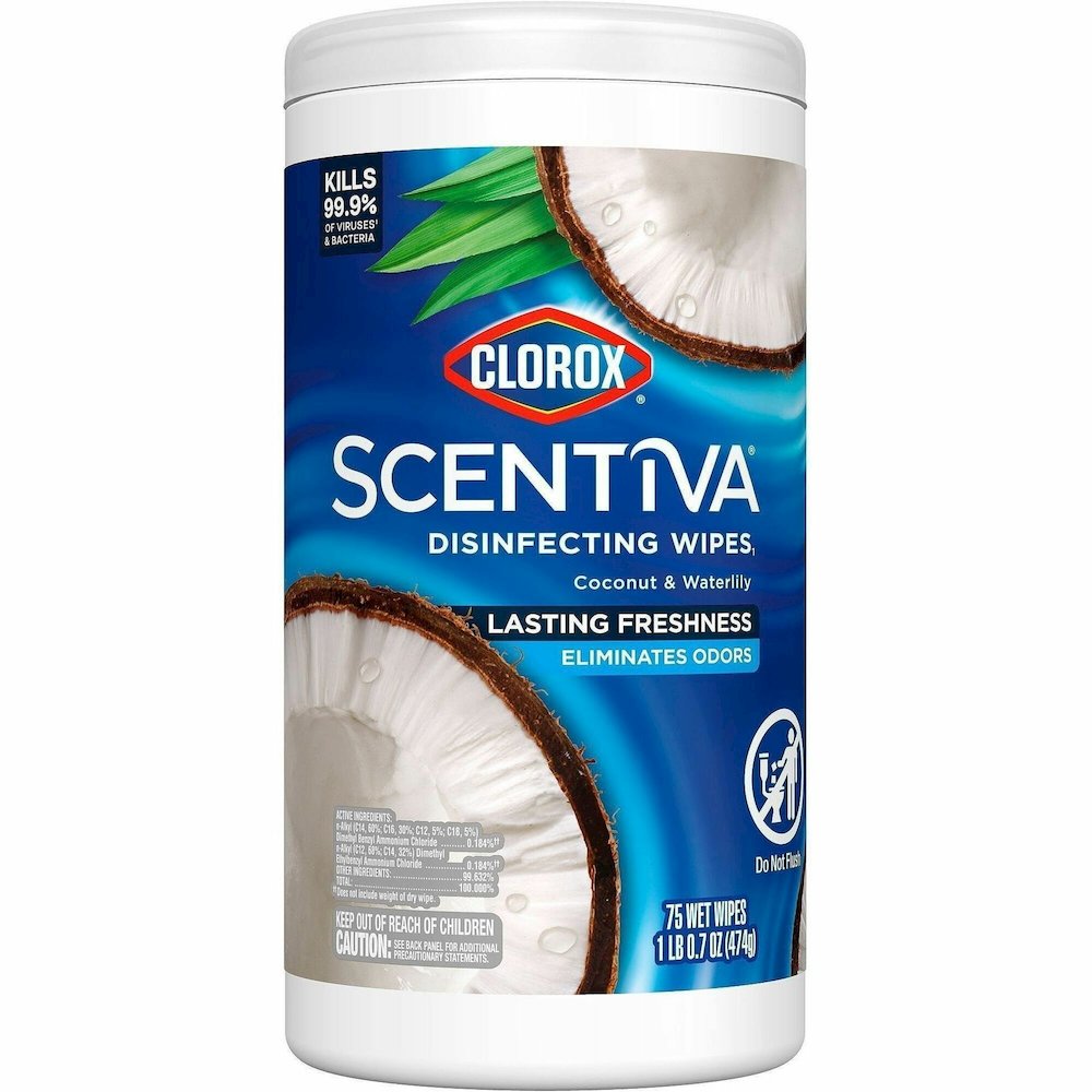 Clorox Scentiva Wipes, Bleach Free Cleaning Wipes - Ready-To-Use - Coconut & Water Lily Scent - Bleach-free, Disinfectant, Deodorize - White - 75/Tub - 1 Each. Picture 1