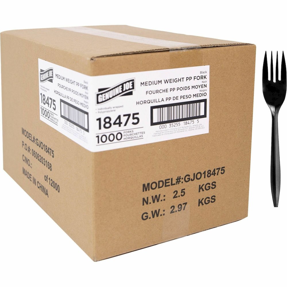 Genuine Joe Medium-weight Individually Wrapped Forks - Fork - Breakroom - Disposable - Polypropylene - Black - 1000 / Carton. Picture 1