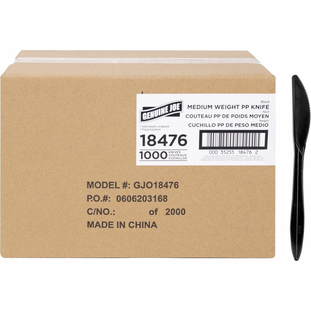 Genuine Joe Medium-weight Individually Wrapped Knives - Knife - Breakroom - Disposable - Black - 1000 / Carton. Picture 1