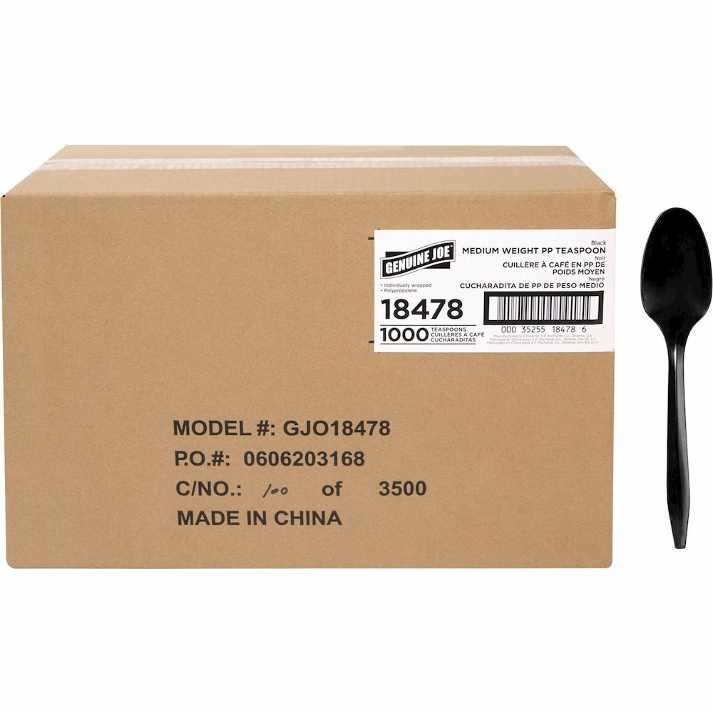 Genuine Joe Medium-weight Individually Wrapped Teaspoons - Teaspoon - Breakroom - Disposable - Black - 1000 / Carton. Picture 1