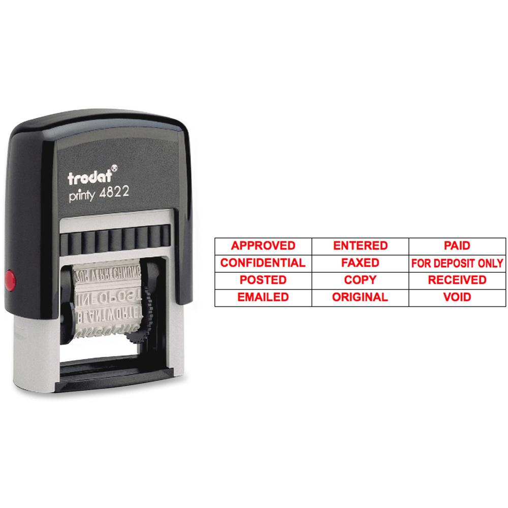 Trodat 12-Message Stamp - Message Stamp - APPROVED, CONFIDENTIAL, COPY, EMAILED, ENTERED, FAXED, FOR DEPOSIT ONLY, ORIGINAL, PAID, POSTED, RECEIVED, ... - 0.38" Impression Width x 1.25" Impression Len. Picture 1