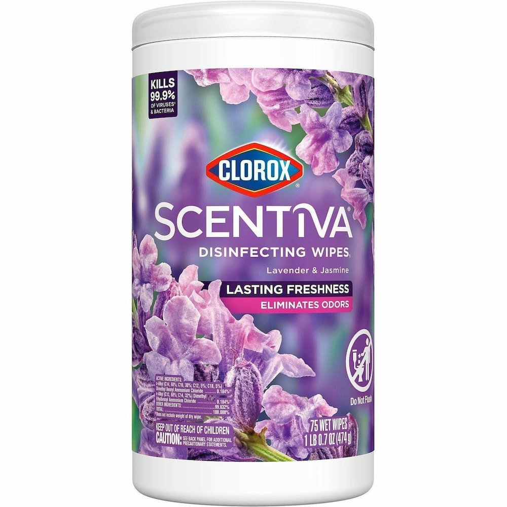Clorox Scentiva Bleach-Free Cleaning Wipes - Lavender & Jasmine Scent - Bleach-free, Disinfectant, Long Lasting, Deodorize, Odor Neutralizer - White - 75 Tub - 1 Each. Picture 1