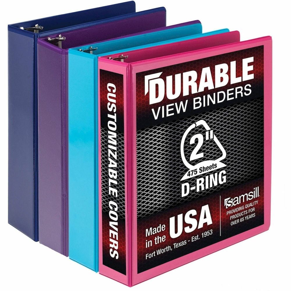 Samsill Durable View Binders - 2" Binder Capacity - Letter - 8 1/2" x 11" Sheet Size - 475 Sheet Capacity - 3 Ring - Fastener: D-Ring - Pocket: 2, Internal - Polypropylene, Chipboard - Assorted - Dura. Picture 1