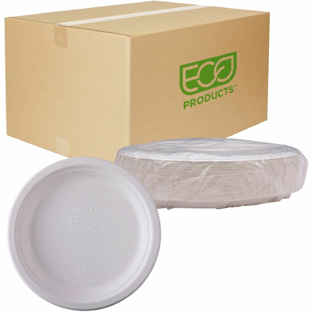 Eco-Products Vanguard 10" Sugarcane Plates - Breakroom - Disposable - Microwave Safe - 10" Diameter - White - Sugarcane Fiber Body - 500 / Carton. Picture 1