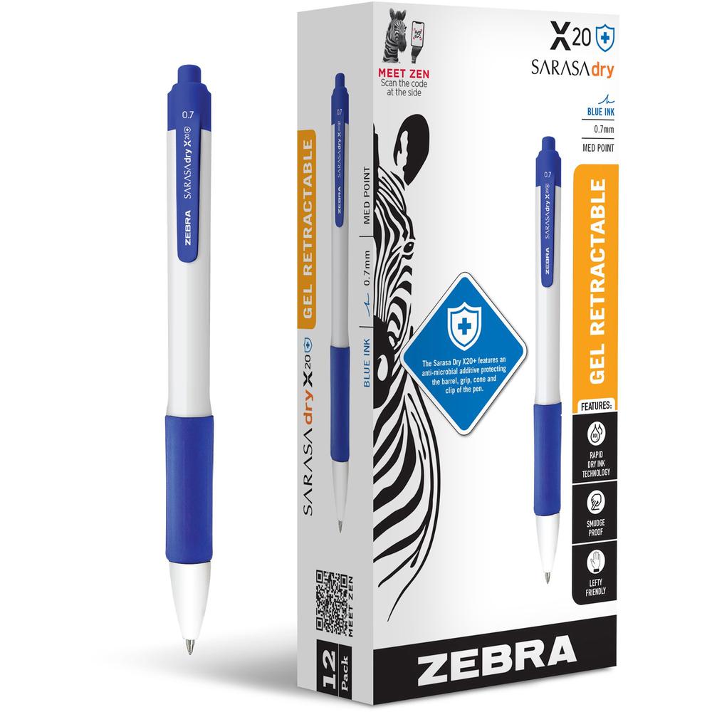 Zebra SARASA dry X20+ Gel Retractable RDI - Retractable - Blue Ink - Gel-based - White Plastic Barrel - Writing, Document, Classroom, Home, Office - 1 Dozen. Picture 1