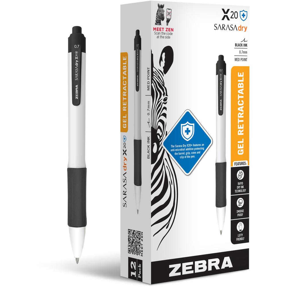Zebra SARASA dry X20+ Gel Retractable RDI - Retractable - Black Ink - Gel-based - White Plastic Barrel - Writing, Document, Classroom, Home, Office - 1 Dozen. Picture 1