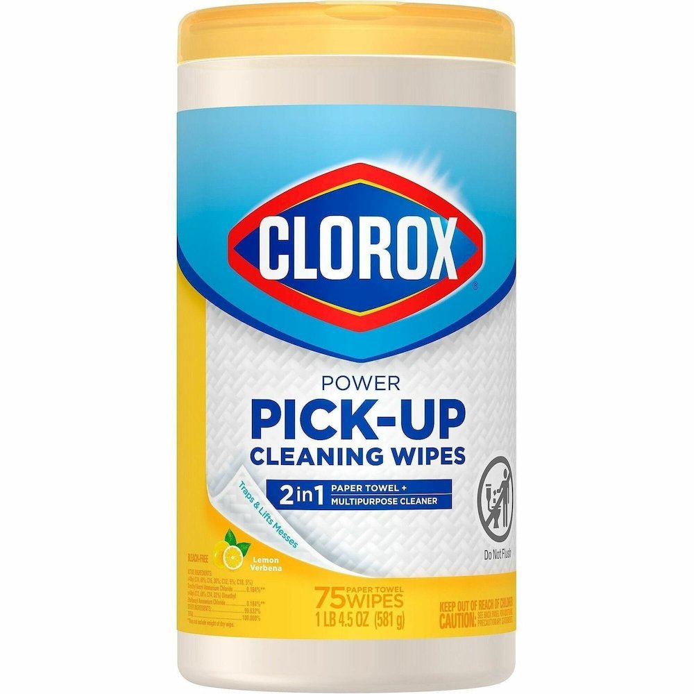 Clorox Power Pick-Up Cleaning Wipes - Lemon Verbena Scent - Pre-moistened, Textured, Residue-free - White - 75 Tub - 1 Each. Picture 1