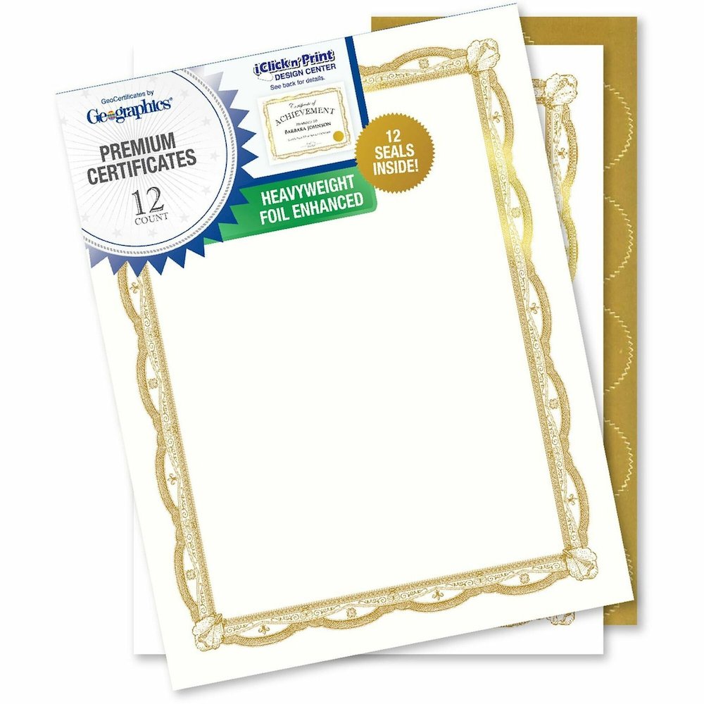 Geographics Premium Certificates with Gold Seals - 65 lb Basis Weight - 11" Width - Inkjet Compatible - Gold, Assorted, Multicolor with Gold Border - Card Stock, Foil - 12 / Pack. Picture 1