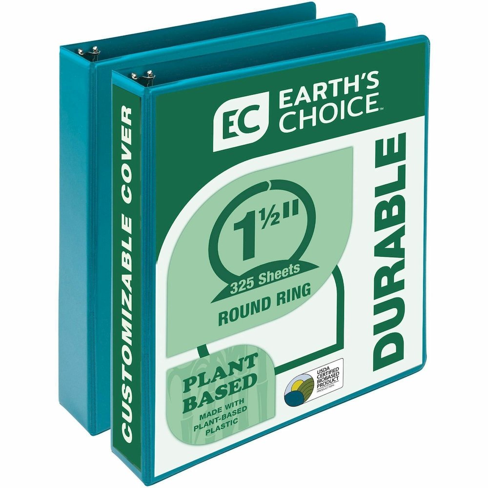 Samsill Earth's Choice Plant-based View Binders - 1 1/2" Binder Capacity - Letter - 8 1/2" x 11" Sheet Size - 3 Ring - Fastener: Round Ring - Chipboard, Polypropylene, Plastic - Turquoise - Recycled -. Picture 1