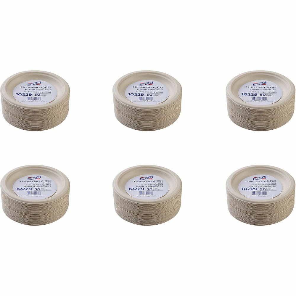 Genuine Joe 6" Compostable Plates - Breakroom, Office - Disposable - 6" Diameter - White, Natural - Sugarcane Body - 50/Pack - 20 / Carton. Picture 1