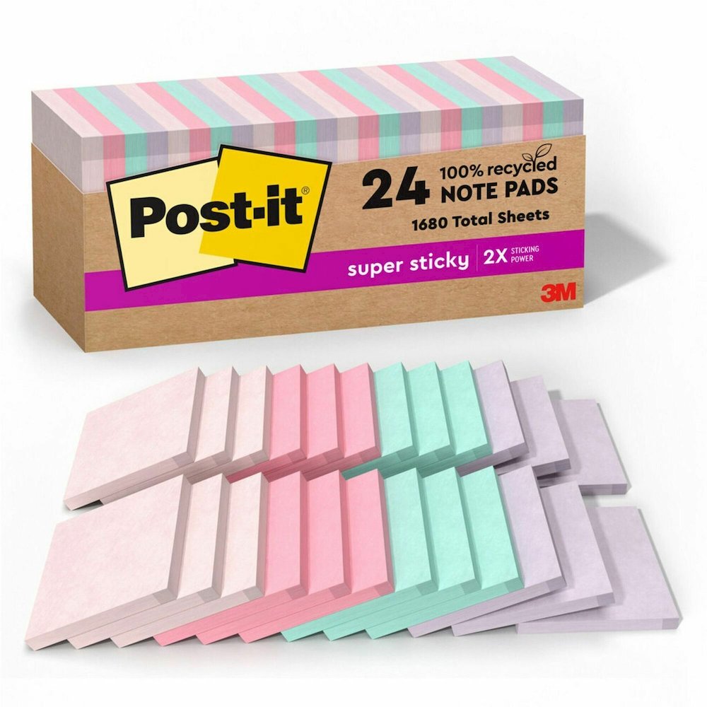 Post-it&reg; Recycled Super Sticky Notes - 70 - 3" Flag/Note Width x 3" Flag/Note Length - Square - 70 Sheets per Pad - Wanderlust Pastels - Adhesive - Recycled - 24 / Pack. Picture 1