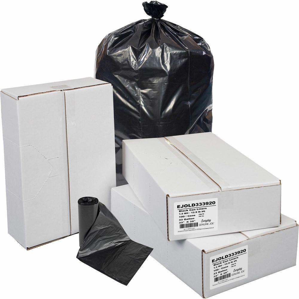 Everyday Genuine Joe Low-Density Can Liners - 33 gal Capacity - 39" Length x 33" Width x 1.50 mil (38 Micron) Thickness - Low Density - Black - Resin - Office Waste, Receptacle - Recycled - 100 / Cart. Picture 1