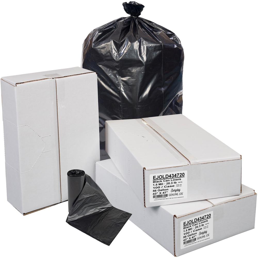 Everyday Genuine Joe Low-Density Can Liners - 56 gal Capacity - 47" Length x 43" Width x 1.50 mil (38 Micron) Thickness - Low Density - Black - Resin - Office Waste, Receptacle - Recycled - 100 / Cart. Picture 1