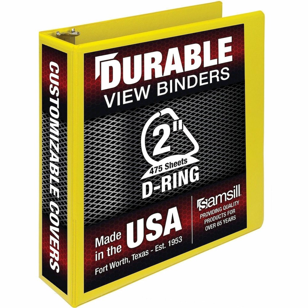 Samsill Durable Three-Ring View Binder - 2" Binder Capacity - 475 Sheet Capacity - 3 Ring - Fastener: D-Ring - Pocket: 2, Internal - Polypropylene, Chipboard - Yellow - Recycled - Durable, PVC-free, I. Picture 1