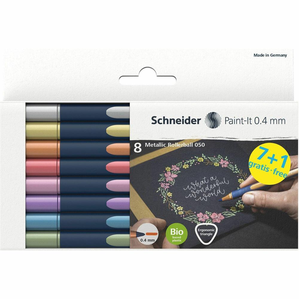 Schneider Metallic Rollerball Pens - Assorted Metallic Ink - Bioplastic Barrel - 8 / Pack. Picture 1