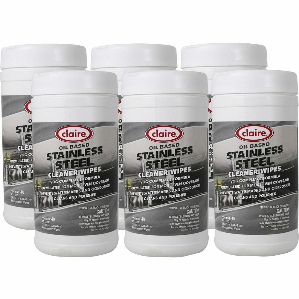 Claire Stainless Steel Wipes - Citrus Scent - 12" Length x 9.50" Width - 40 / Roll - 6 / Carton - Pre-moistened - Gray. Picture 1