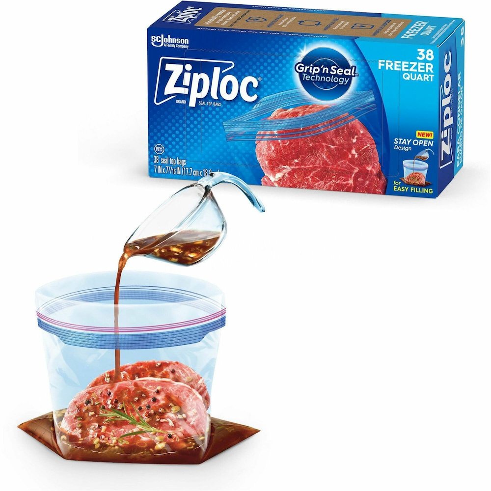Ziploc&reg; Grip n' Seal Freezer Bags - Medium Size - 1 quart Capacity - 7.43" Length x 7" Width - Textured - Blue - Plastic - Multipurpose - 38/Box - 9 / Carton. Picture 1