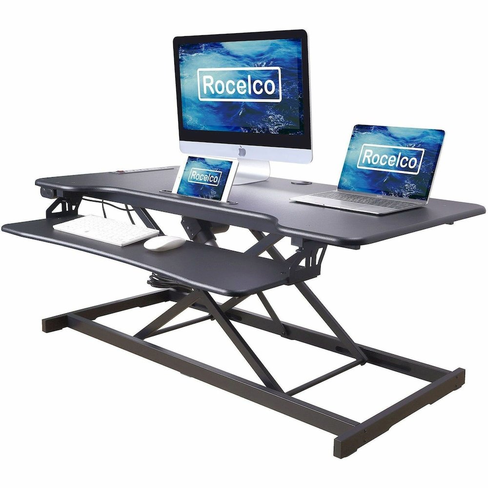 Rocelco Electric Desk Riser - 40 lb Load Capacity - 46" Width - Desk - Black - For Tablet, Smartphone - Lift Mechanism, Electric Lift, Grommet, Keyboard Tray, Built-in USB Port, Electrical Outlet. Picture 1