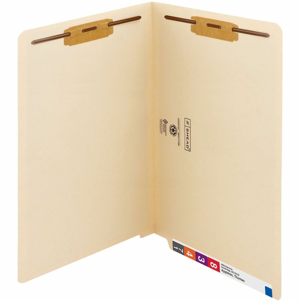 Smead Straight Tab Cut Legal Recycled Fastener Folder - 8 1/2" x 14" - 3/4" Expansion - 2 x 2B Fastener - 2" for Folder - End Tab Location - 11 pt. - 2 Plys - Manila - Embossed - 10% Recycled - 50 / B. Picture 1