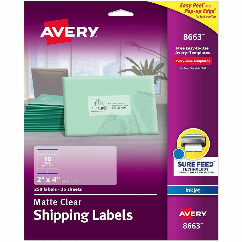 Avery Shipping Labels, Sure Feed, 2" x 4" , 100 Clear Labels (18663) - x 2" Width x 4" Length - Full Sheet - Permanent Adhesive - Rectangle - Inkjet - Matte - Clear - Film - 10 / Sheet - 25 Total Shee. Picture 1