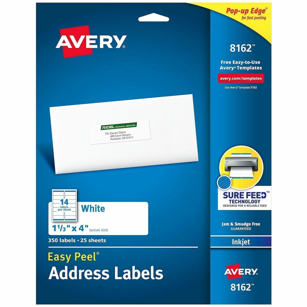 Avery&reg; Easy Peel Address Labels, 1-1/3" x 4" , 350 Labels (8162) - x 1 21/64" Width x 4" Length - Permanent Adhesive - Rectangle - Inkjet - Matte - White - Paper - 14 / Sheet - 25 Total Sheets - 3. Picture 1