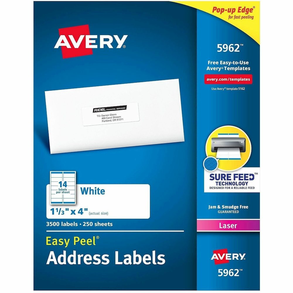 Avery&reg; Easy Peel Address Labels, 1-1/3" x 4" , 3,500 Labels (5962) - x 1 21/64" Width x 4" Length - Permanent Adhesive - Rectangle - Laser - Matte - White - Paper - 14 / Sheet - 250 Total Sheets -. Picture 1